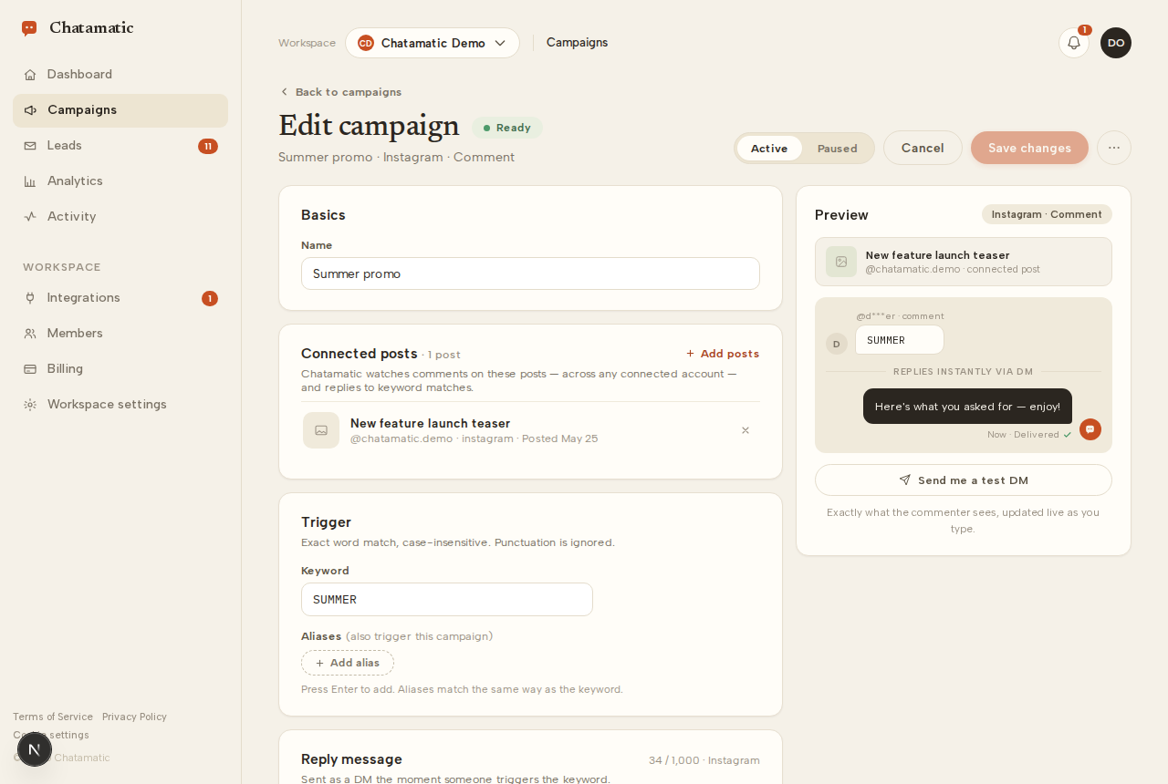 The Chatamatic campaign editor: a connected Instagram post, the keyword SUMMER, and a live preview of the DM reply